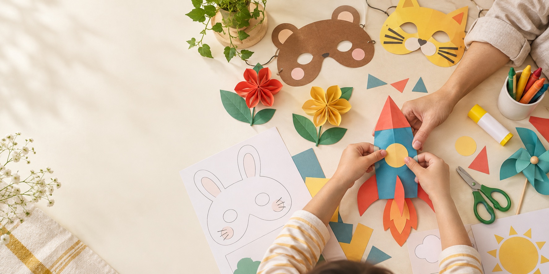 Bố mẹ và bé làm đồ thủ công giấy cùng nhau