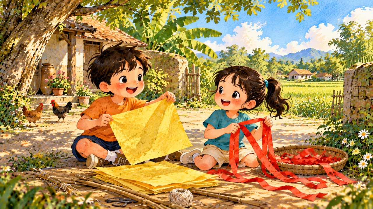 Tranh trang 1: An có giấy vàng, Bình có những dải giấy đỏ