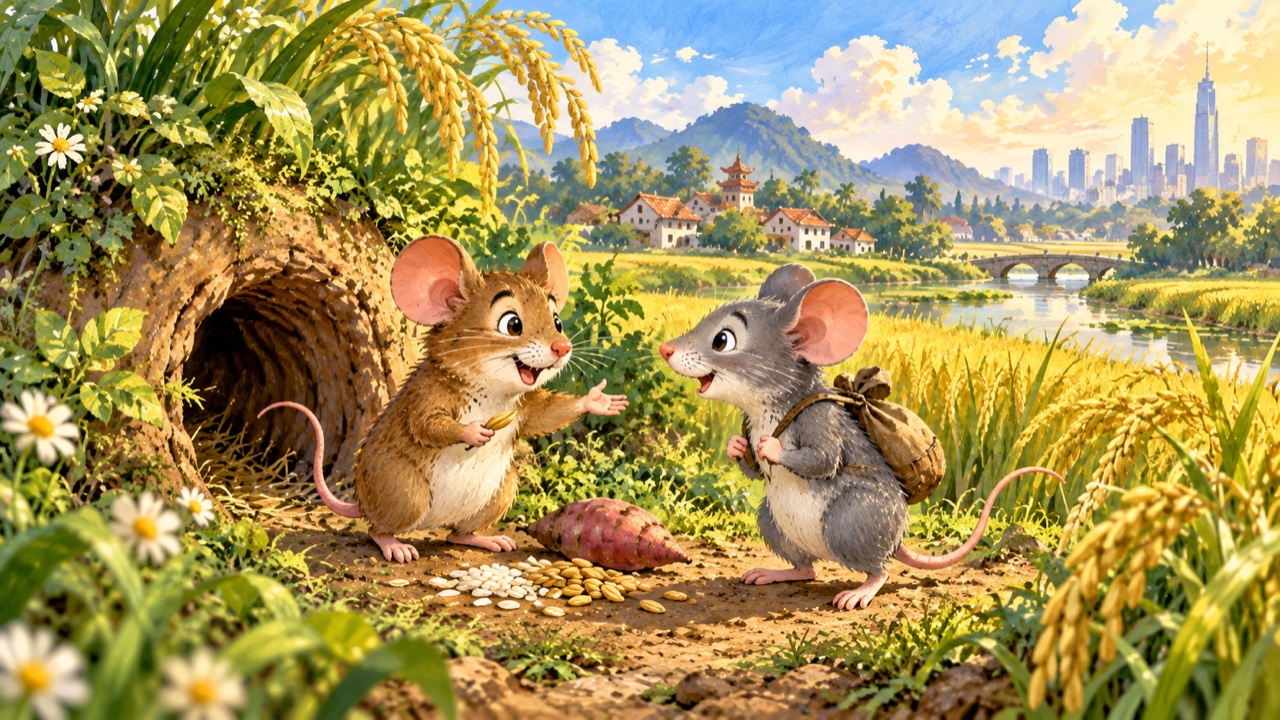 Tranh bìa truyện Chuột thành thị và Chuột đồng