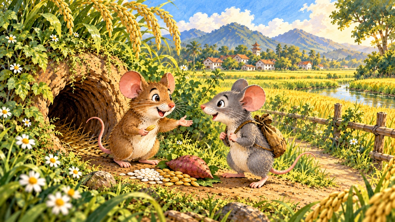 Tranh trang 1: Chuột đồng sống trong một hang nhỏ bên ruộng lúa