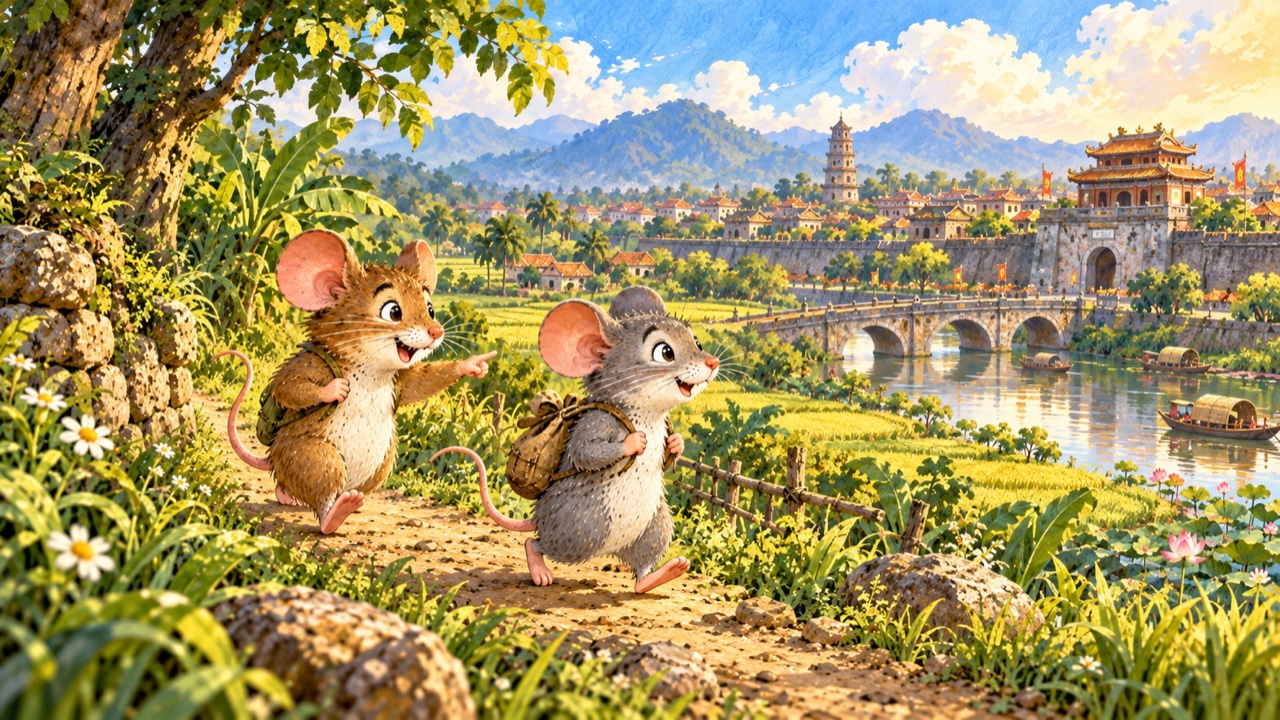 Tranh trang 2: Chuột thành thị cảm ơn rồi nói: “Ở nhà tớ có bánh, phô mai và nhiều món ngon