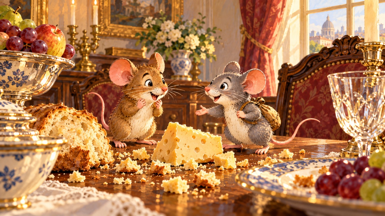 Tranh trang 3: Trong một ngôi nhà lớn, hai bạn tìm thấy bàn ăn còn đầy bánh vụn và phô mai