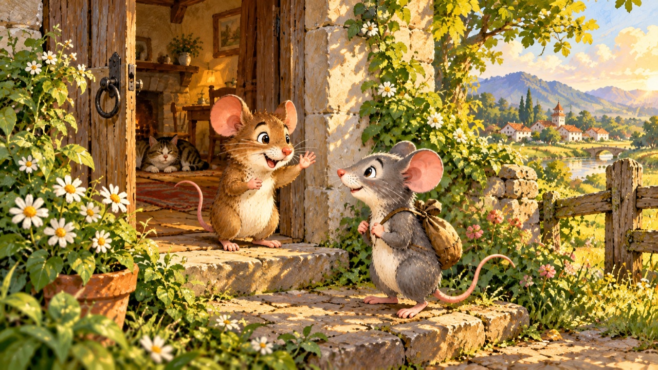 Tranh trang 5: Chuột đồng run run bảo: “Thức ăn ở đây ngon thật, nhưng tớ sợ quá
