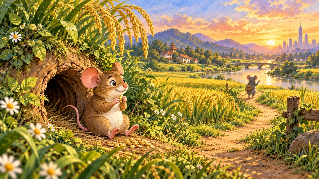 Tranh trang 6: Về đến đồng lúa, Chuột đồng ngồi trước cửa hang, nhấm nháp một hạt thóc và ngắm trời chiều