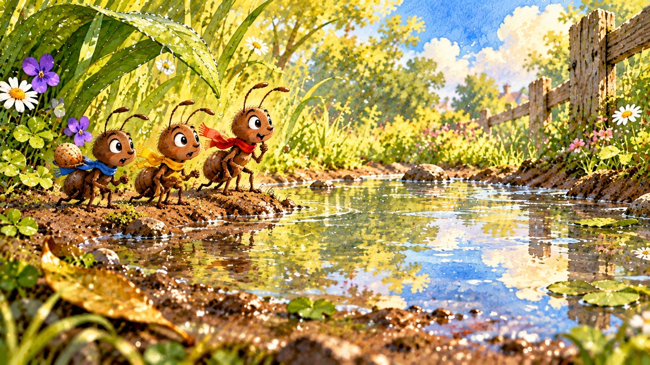 Tranh trang 1: Ba bạn Kiến Đỏ, Kiến Vàng và Kiến Xanh cùng tha thức ăn về tổ