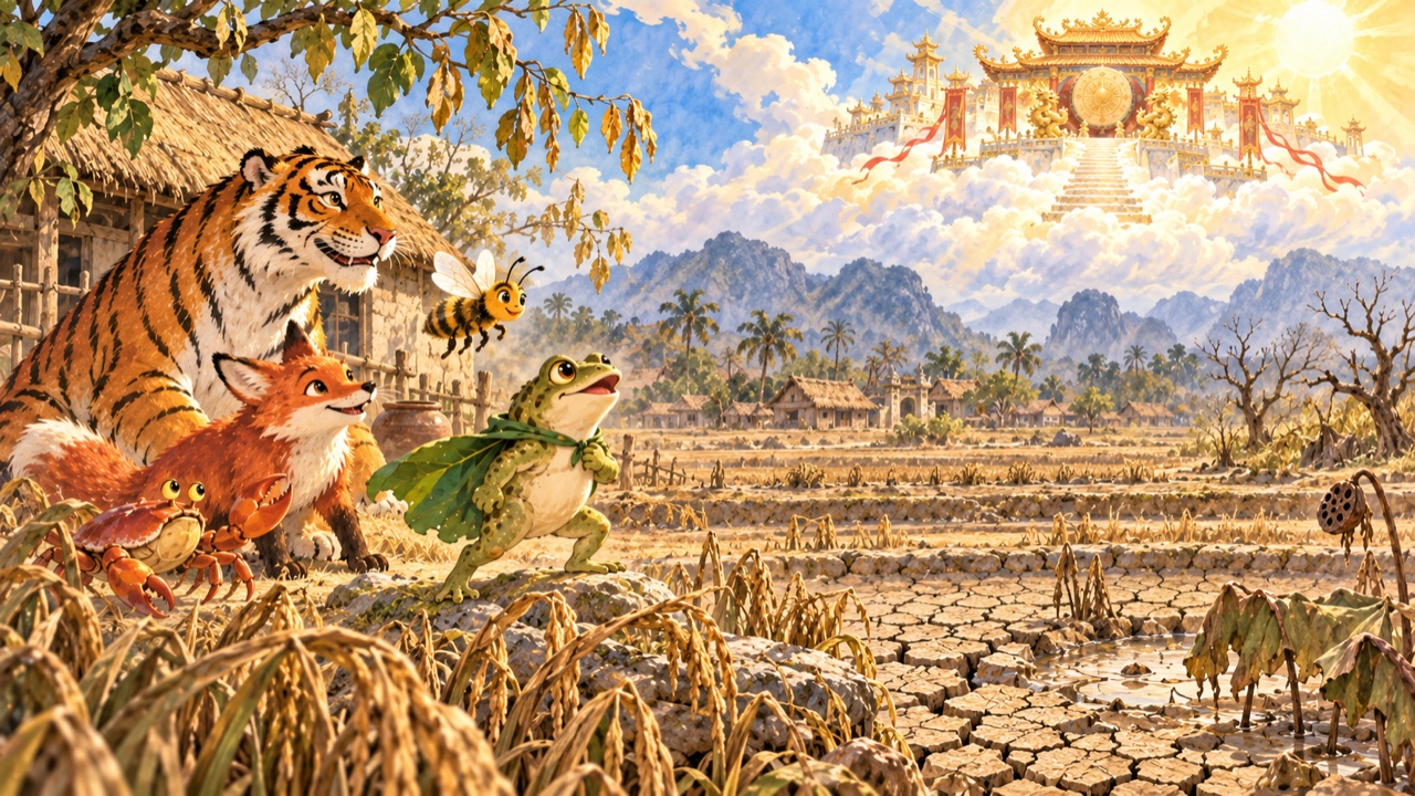 Tranh trang 1: Ngày xưa, có một mùa hạn kéo dài