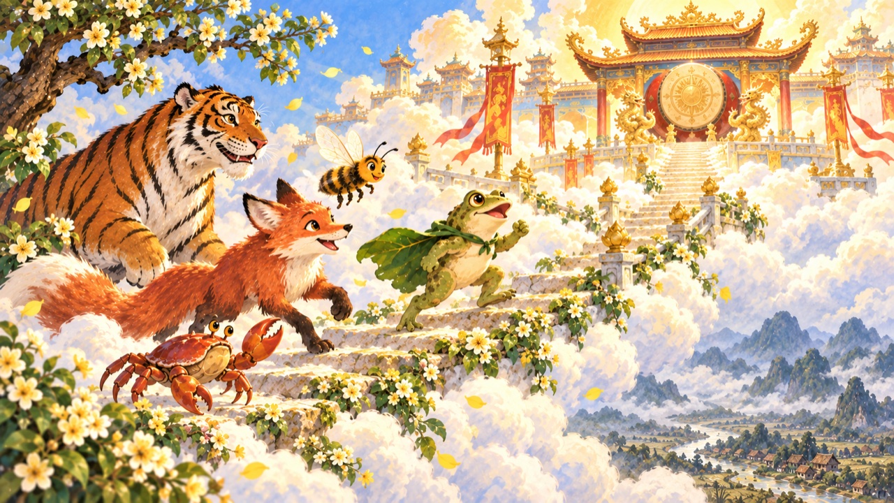 Tranh trang 2: Trên đường đi, Cóc gặp Cua, Ong, Cáo và Hổ