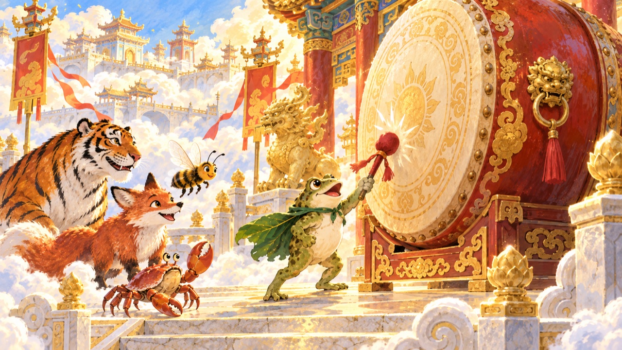 Tranh trang 3: Cóc bảo các bạn đứng ở những chỗ an toàn rồi gõ ba tiếng vào chiếc trống lớn ngoài cổng