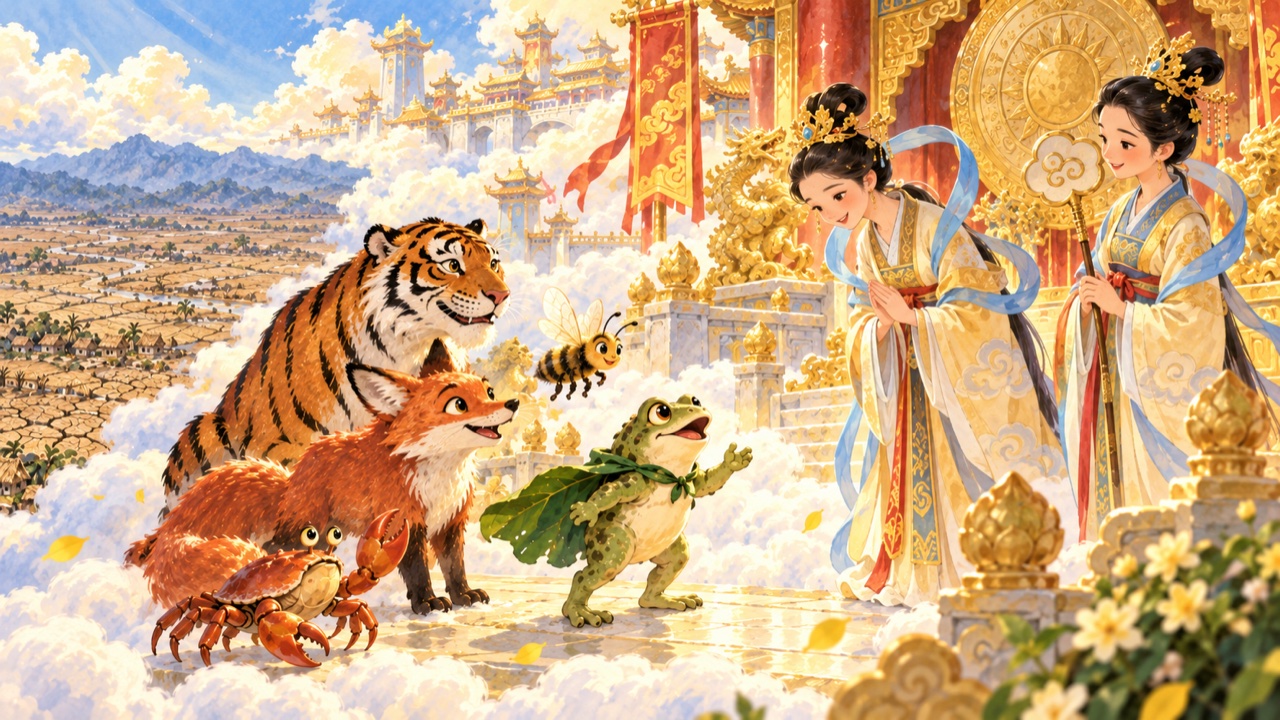Tranh trang 4: Khi các vị quan ra hỏi, Cóc bình tĩnh đáp: “Dưới trần gian không có mưa lâu rồi