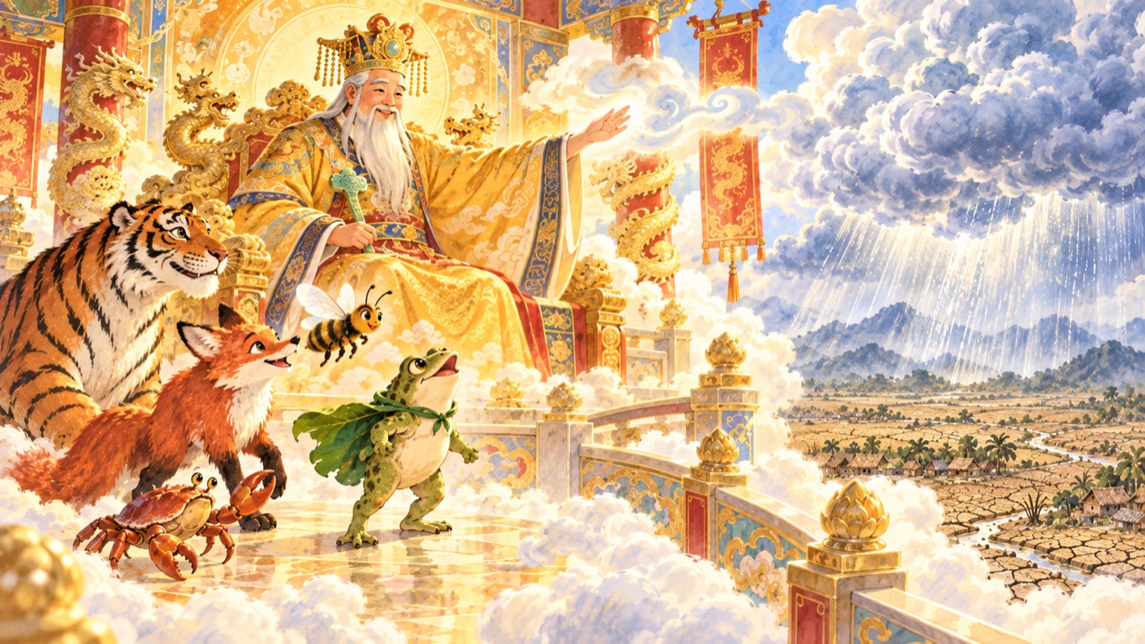 Tranh trang 5: Nghe lời Cóc, Trời nhìn xuống trần gian và thấy đồng ruộng đang khô cháy