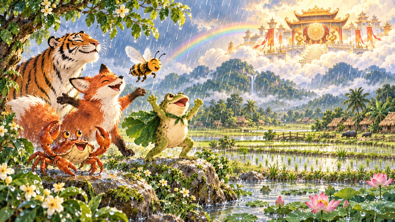 Tranh trang 6: Mưa rơi rào rào, ao hồ đầy nước, cây cỏ xanh trở lại