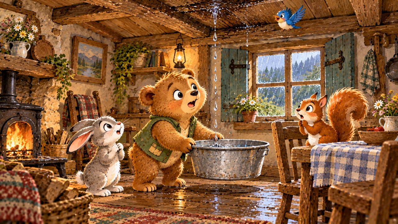 Tranh trang 1: Mưa rơi lộp bộp trên mái nhà Gấu Mật