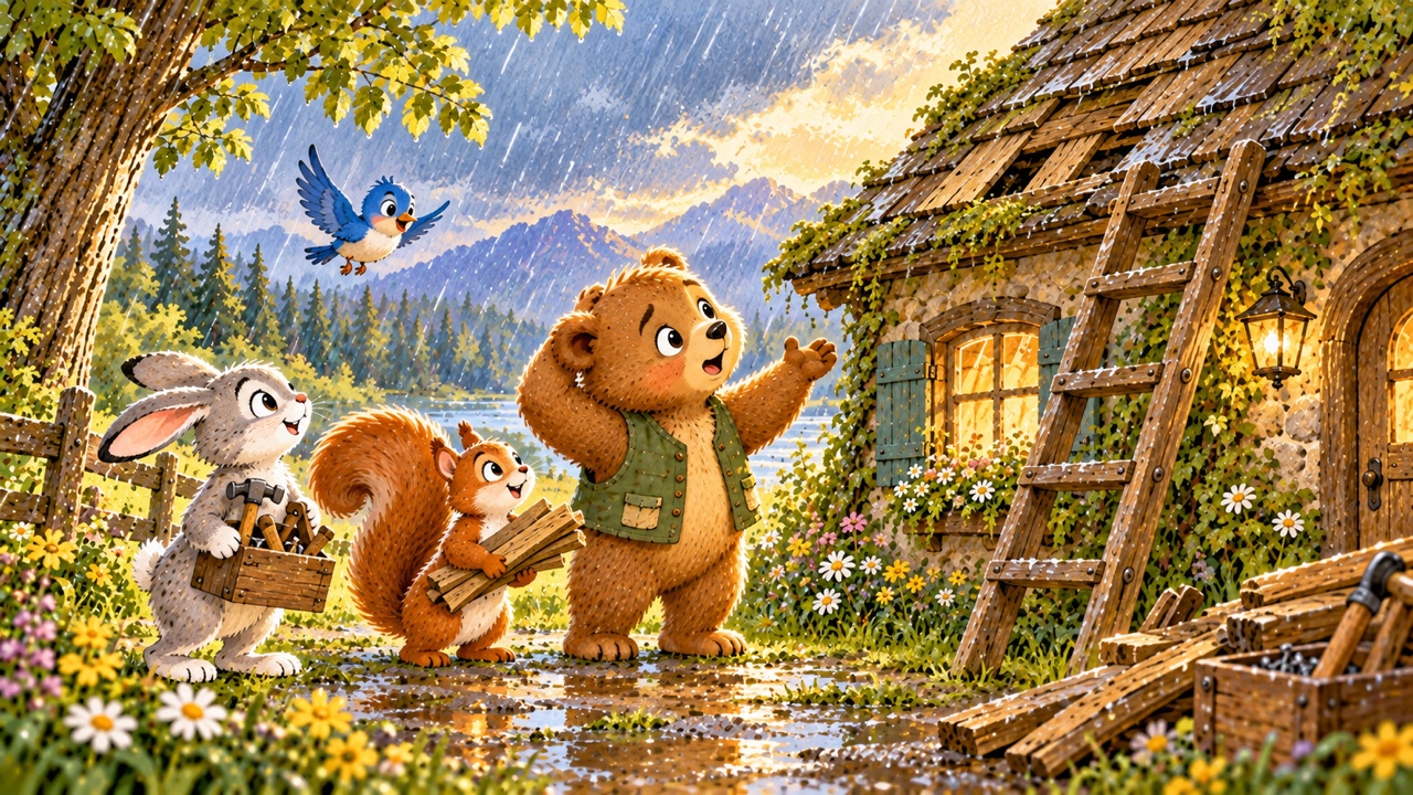 Tranh trang 2: Gấu nhìn lên mái cao và thở dài: “Mình không sửa một mình được”