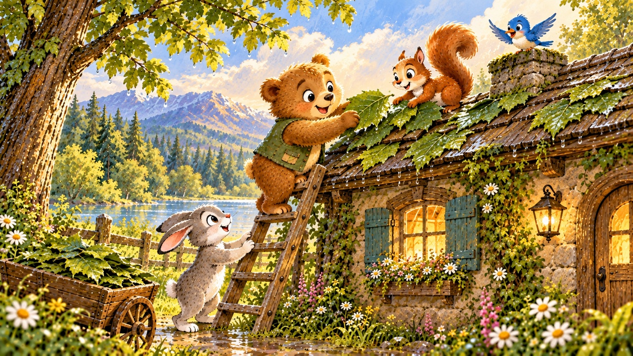 Tranh trang 4: Khi mưa ngớt, bác Thỏ đứng vững bên thang, Gấu đưa từng miếng lá, còn Sóc xếp chúng ngay ngắn