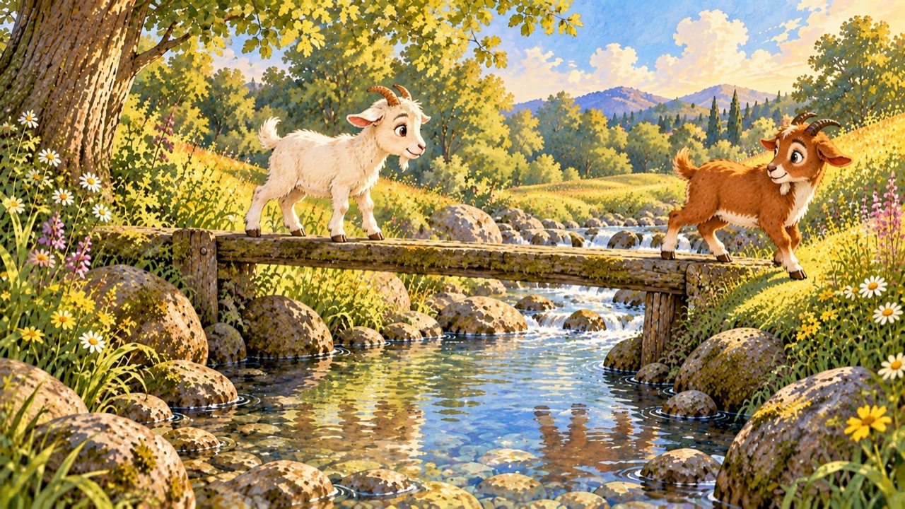 Tranh trang 1: Một buổi sáng, Dê Trắng muốn sang bờ bên kia tìm cỏ non