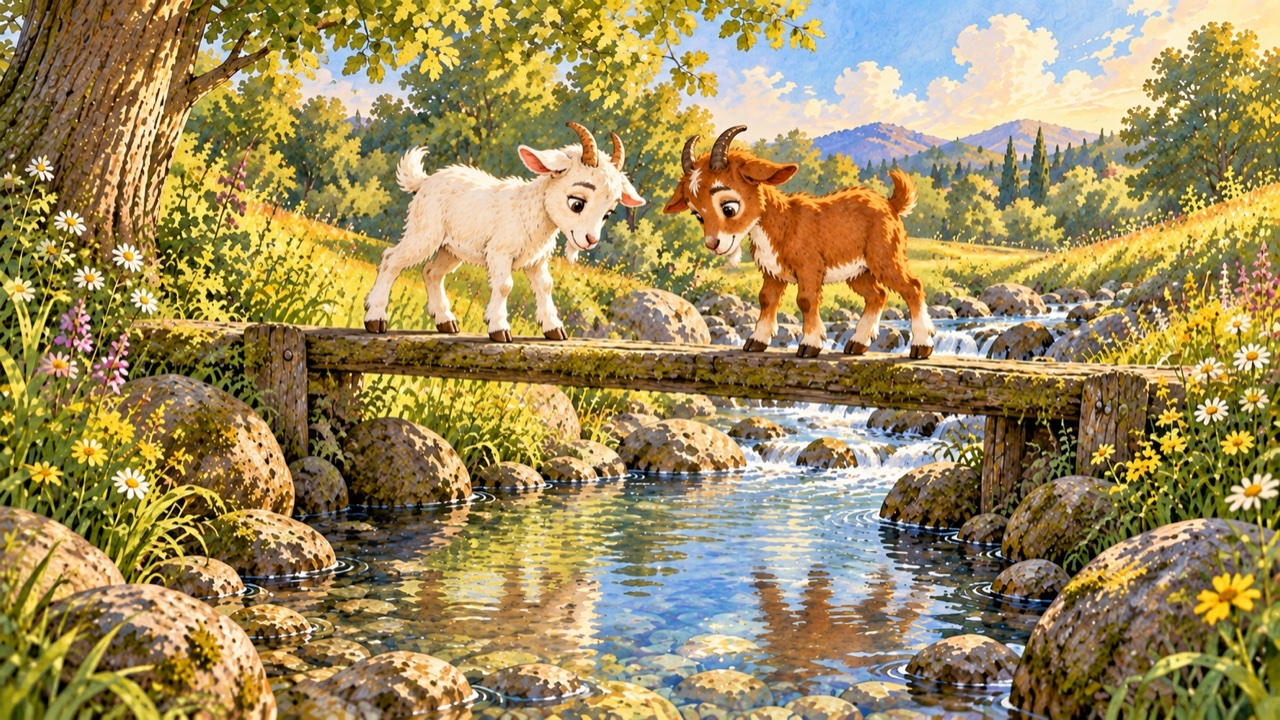 Tranh trang 2: Đi đến giữa cầu, hai bạn đứng đối mặt