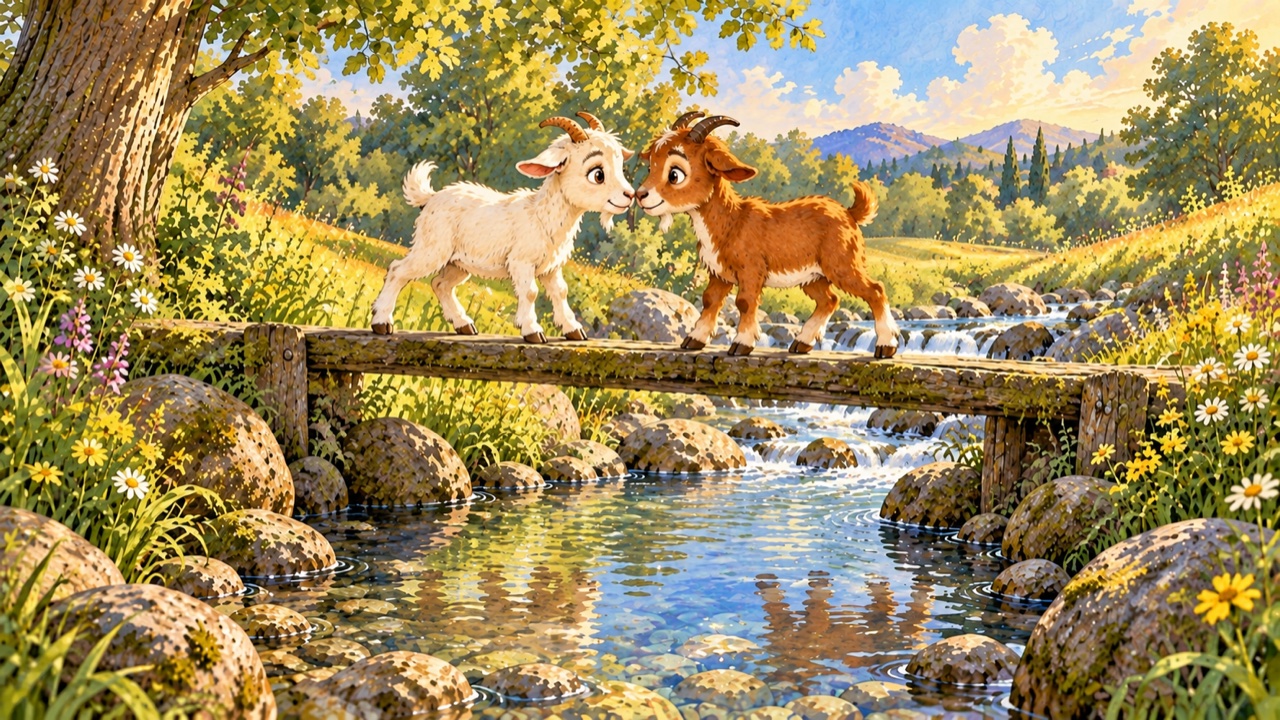 Tranh trang 4: Dê Nâu nhìn bờ phía sau mình gần hơn, liền nói: “Tớ sẽ lùi về bờ
