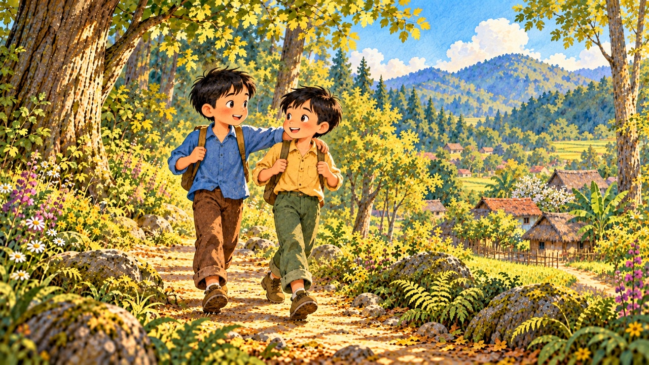 Tranh trang 1: Minh và An là hai người bạn cùng làng