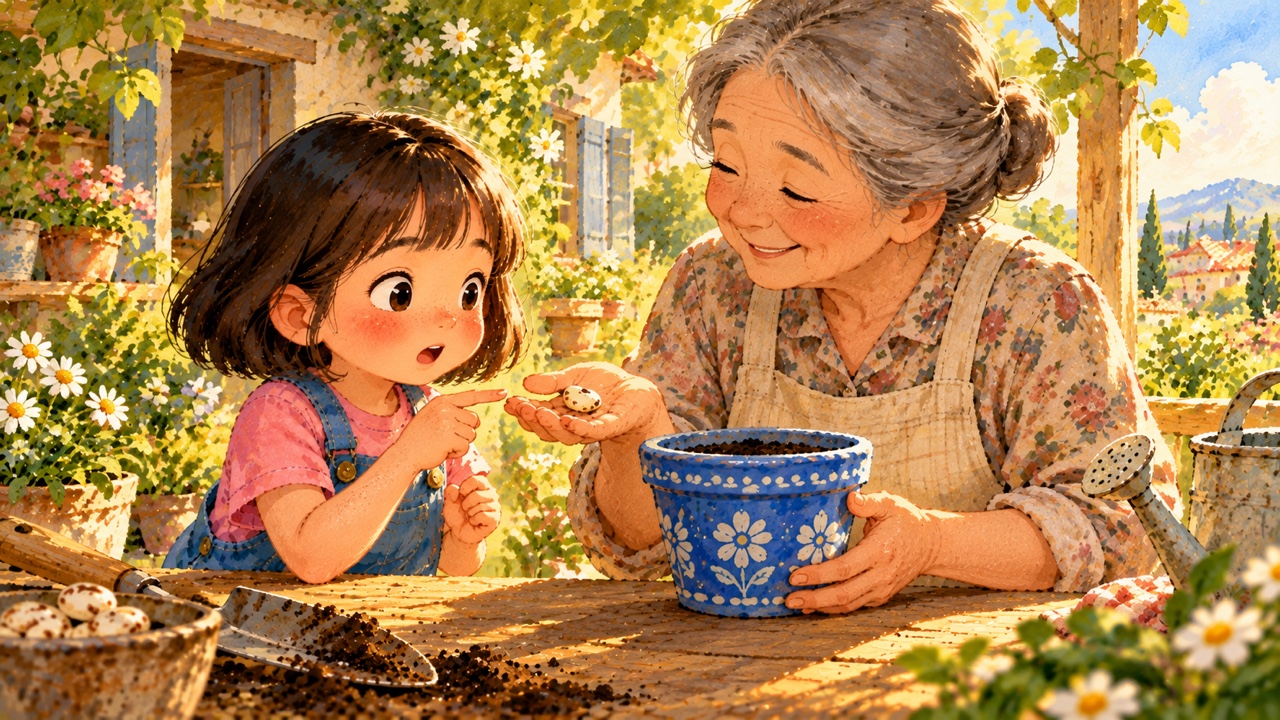 Tranh trang 1: Bà tặng Mây một hạt đậu nhỏ