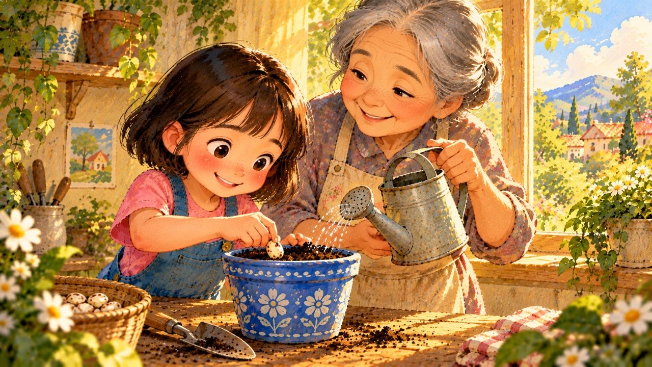 Tranh trang 2: Mây cho đất vào chậu, đặt hạt đậu xuống rồi phủ một lớp đất mỏng