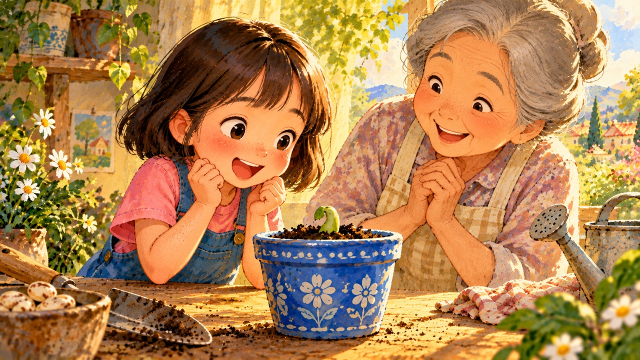 Tranh trang 4: Mây tưới nước mỗi sáng và ngắm chậu cây
