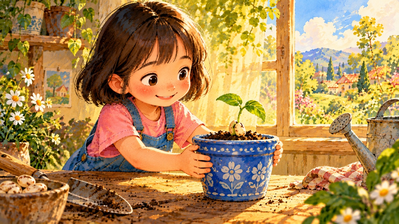 Tranh trang 5: Mầm đậu cao dần, mở hai chiếc lá non
