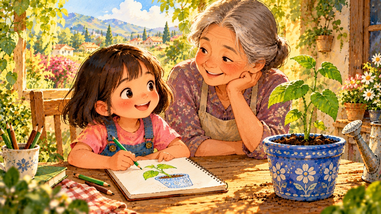 Tranh trang 6: Một buổi sáng, Mây vẽ lại cây đậu trong cuốn sổ của mình
