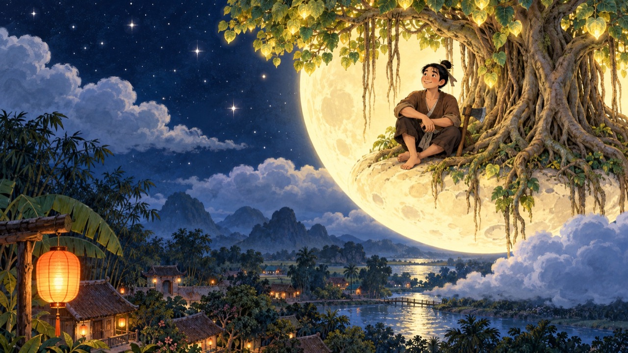 Tranh bìa truyện Sự tích Chú Cuội cung trăng