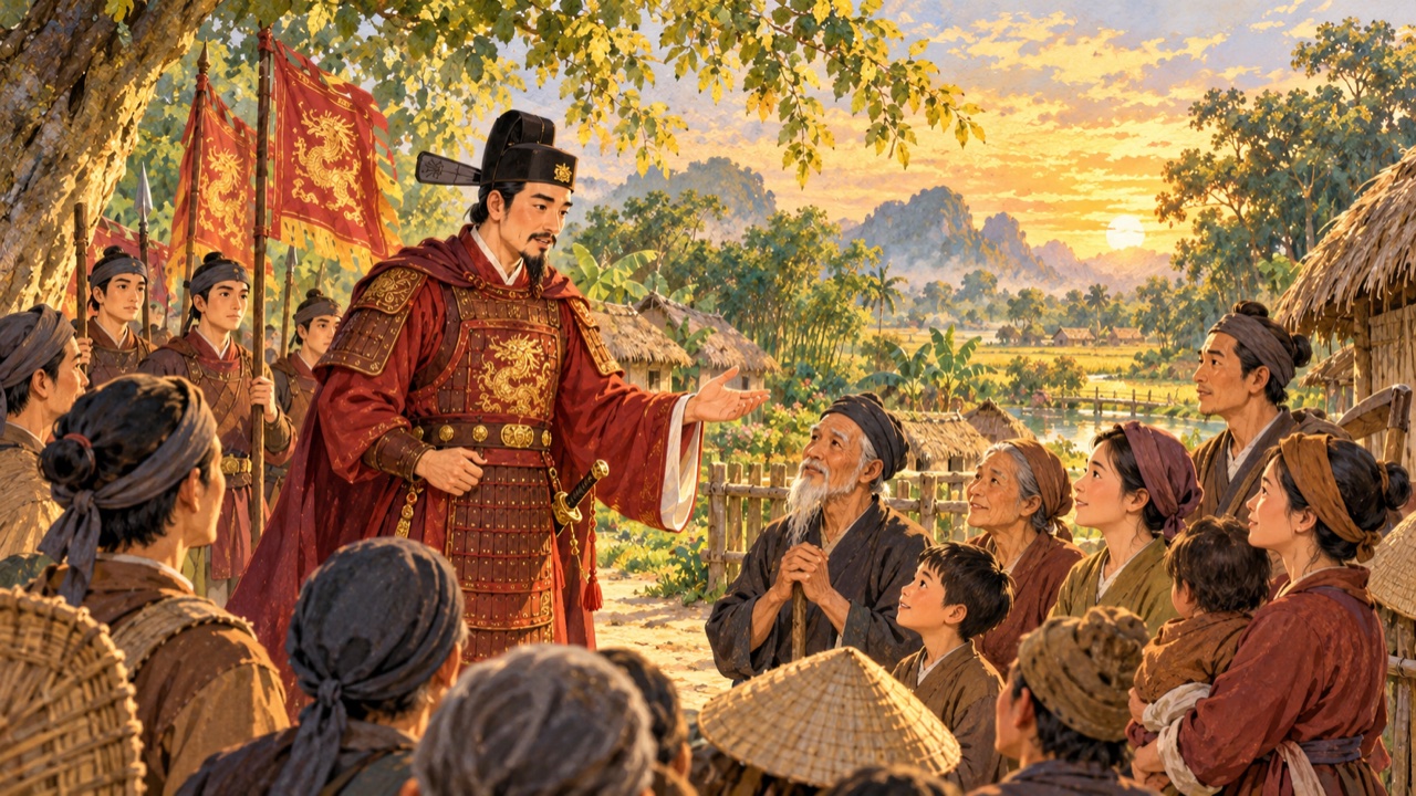 Tranh trang 1: Ngày xưa, đất nước có giặc, người dân phải chịu nhiều khổ cực