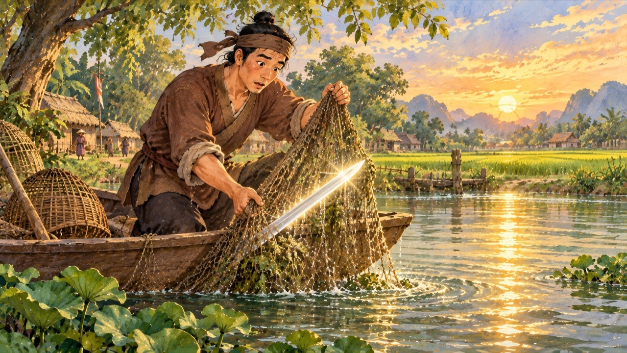 Tranh trang 2: Một hôm, người đánh cá tên Lê Thận kéo lưới lên và thấy một lưỡi gươm lạ