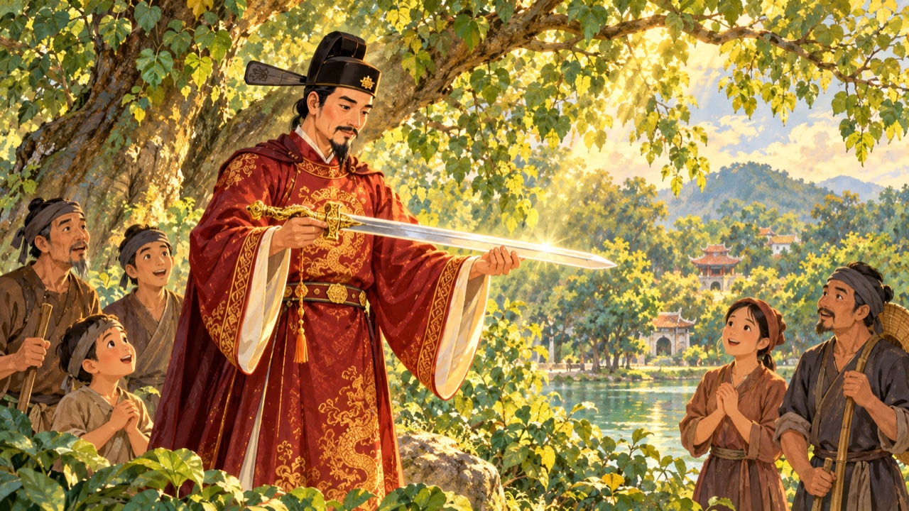 Tranh trang 3: Sau đó, Lê Lợi tìm thấy một chuôi gươm trên cành cây