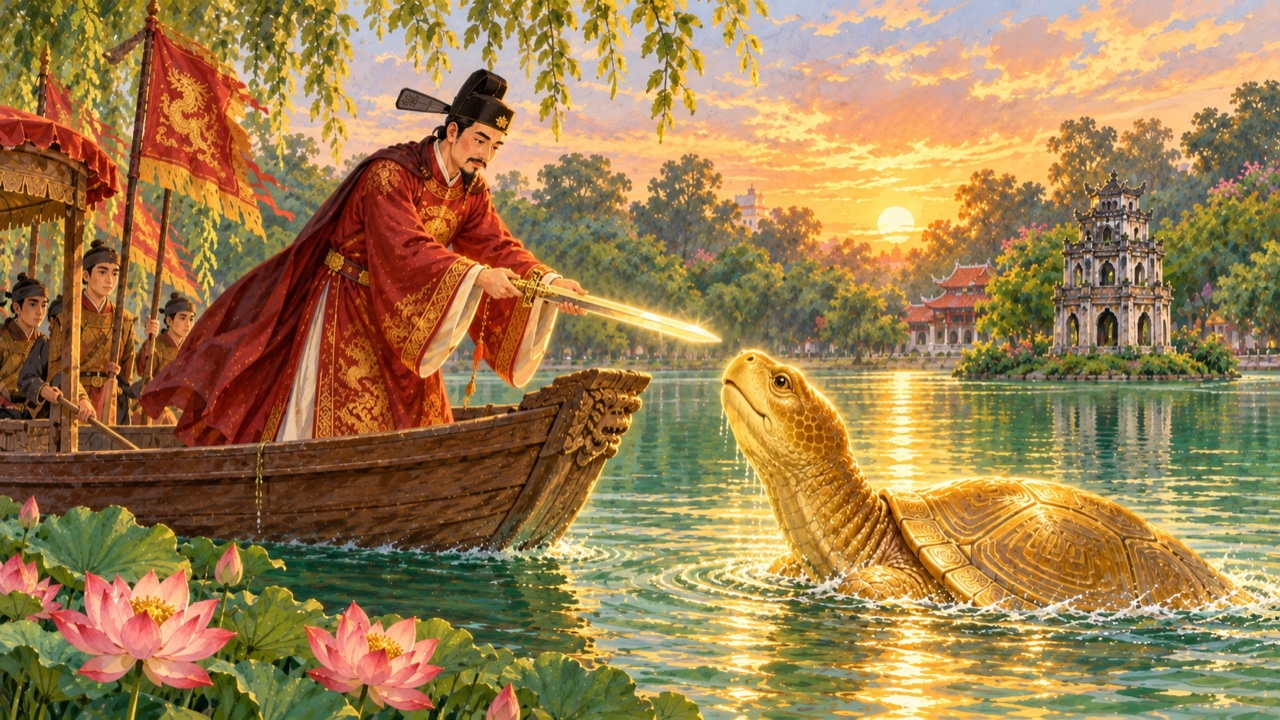 Tranh trang 5: Một ngày, Lê Lợi đi thuyền trên hồ nước trong xanh