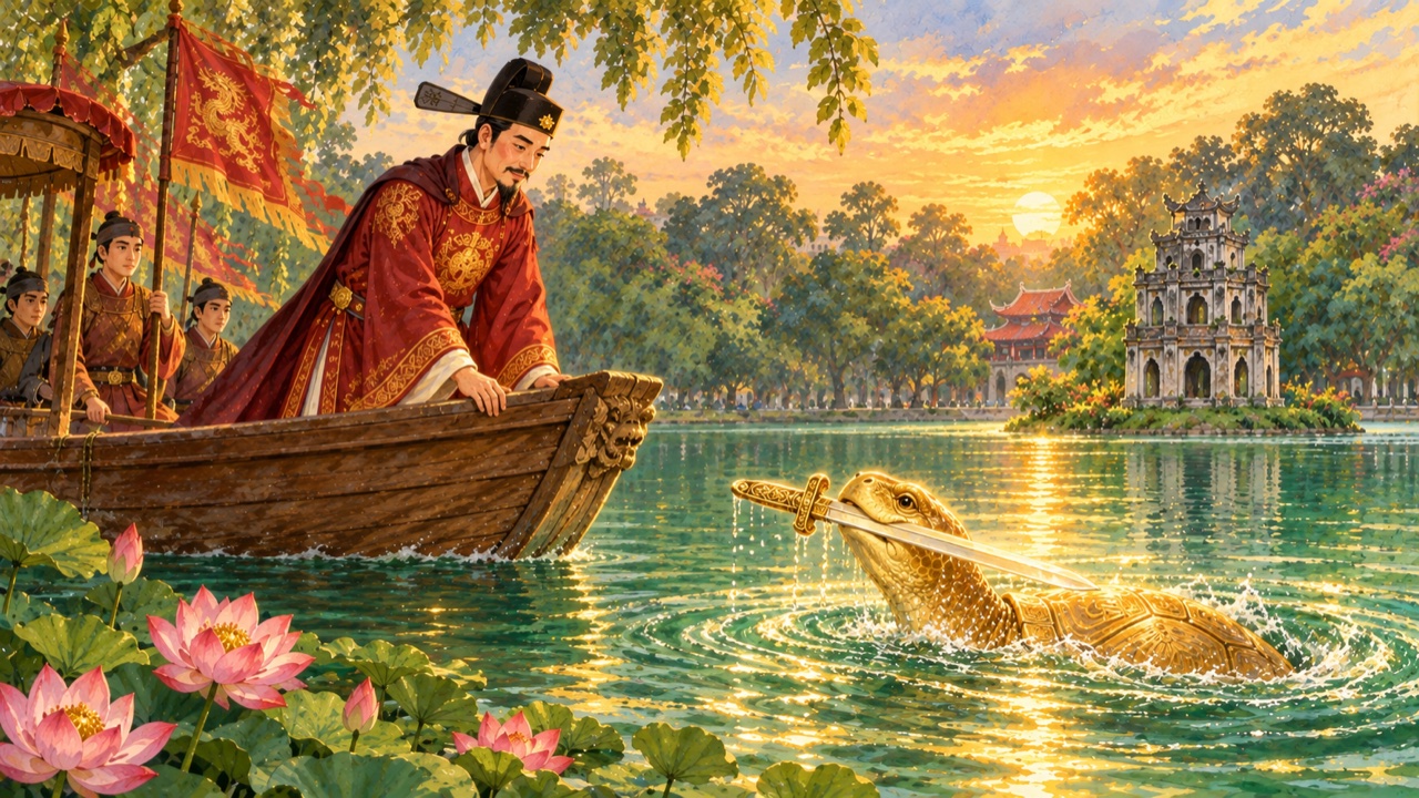 Tranh trang 6: Lê Lợi nâng thanh gươm trao cho Rùa Vàng