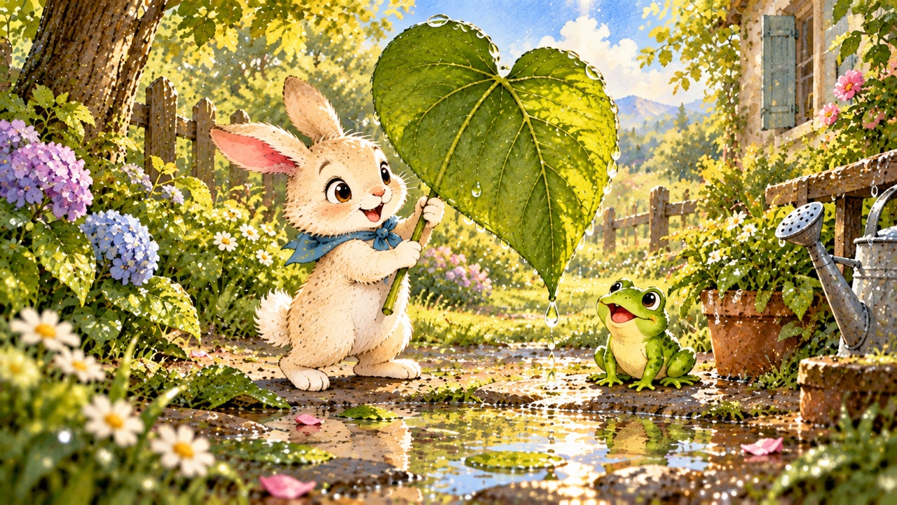 Tranh trang 1: Sau cơn mưa, Thỏ con nhảy ra vườn và thấy một chiếc lá to bằng chiếc ô