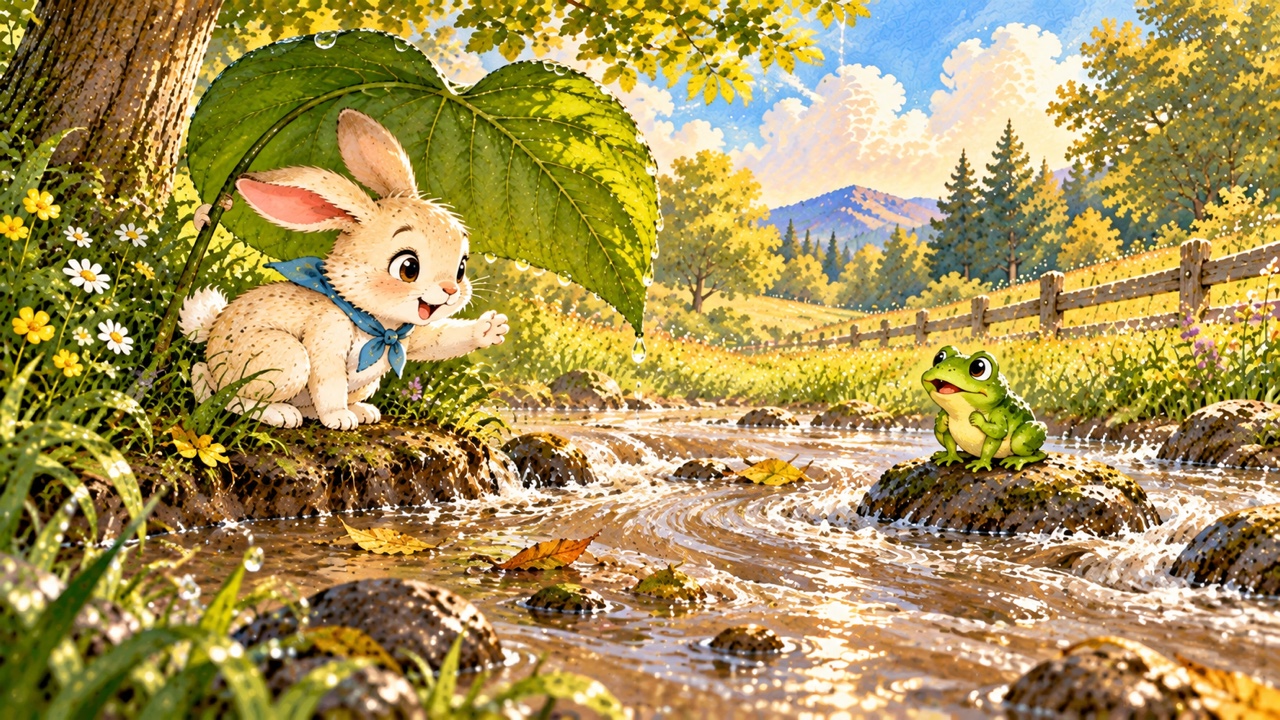 Tranh trang 2: Bên kia vũng nước, Ếch nhỏ muốn về ao nhưng nước mưa chảy nhanh làm bạn ngần ngại