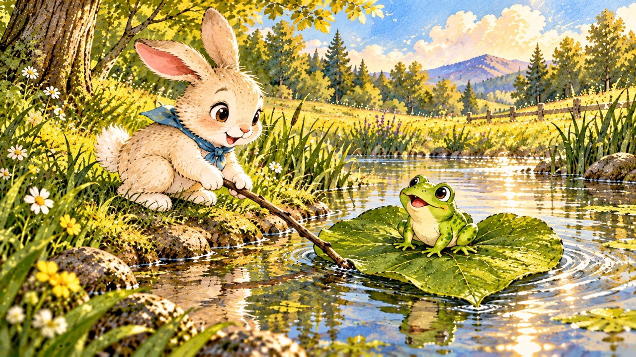Tranh trang 4: Thỏ dùng cành cây giữ chiếc lá sát bờ