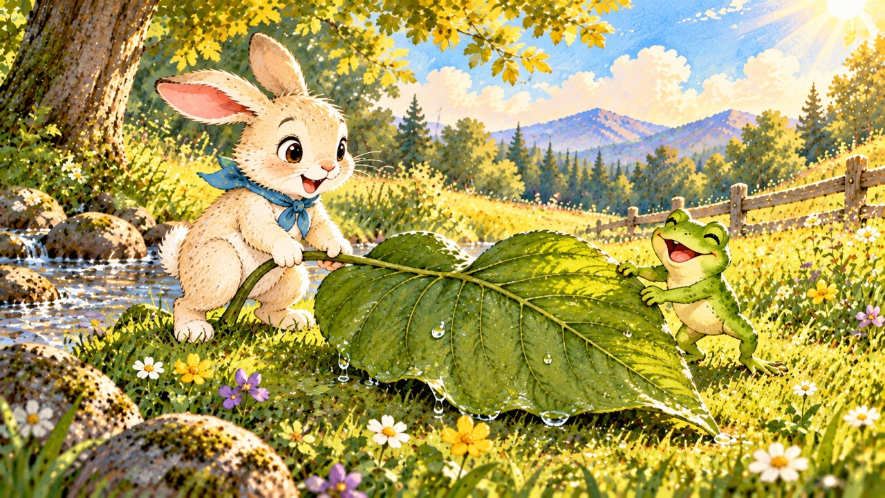 Tranh trang 5: Đến bờ, Ếch nhảy phóc xuống bãi cỏ và cười vang