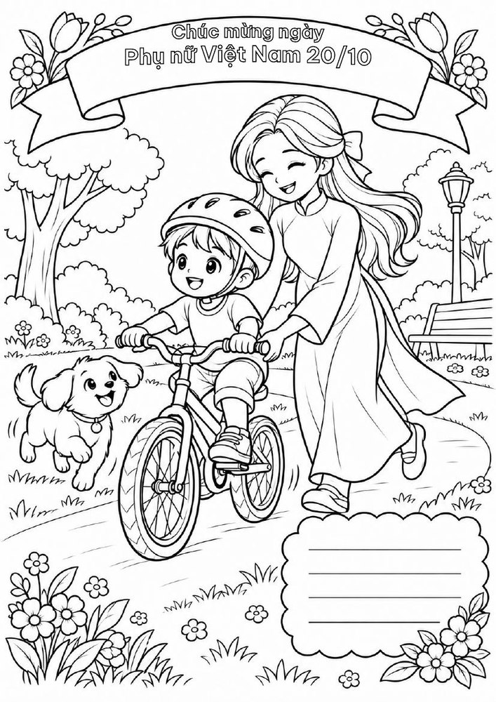 Tranh tô màu Mẹ giúp bé tập đi xe đạp
