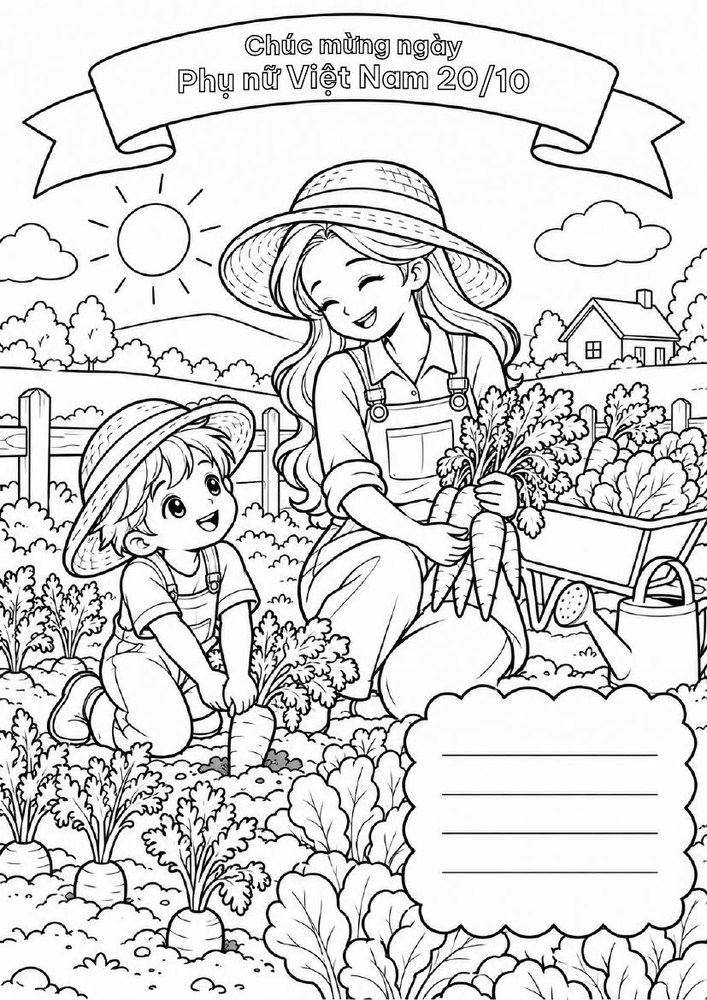Tranh tô màu Mẹ cùng bé thu hoạch rau trong vườn