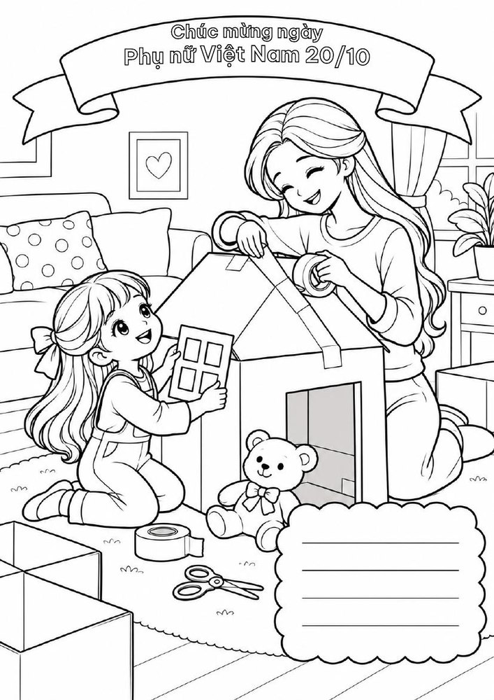 Tranh tô màu Mẹ cùng bé dựng ngôi nhà bằng bìa