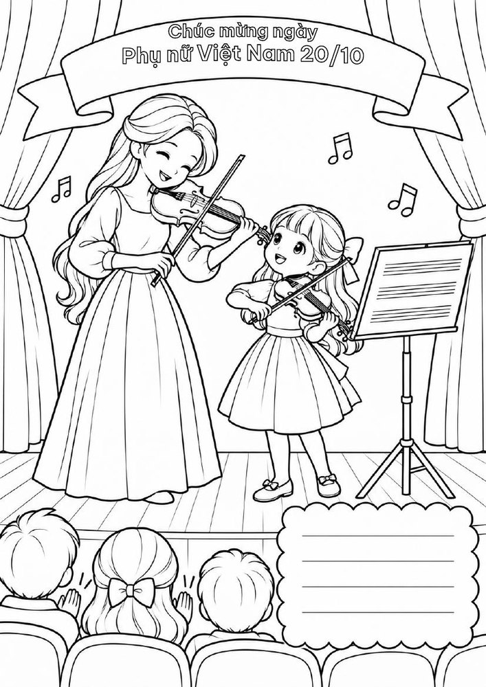 Tranh tô màu Cô nhạc công cùng bé chơi đàn violin