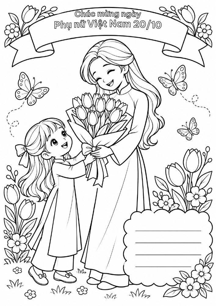 Tranh tô màu mẹ nhận bó hoa tulip từ bé gái
