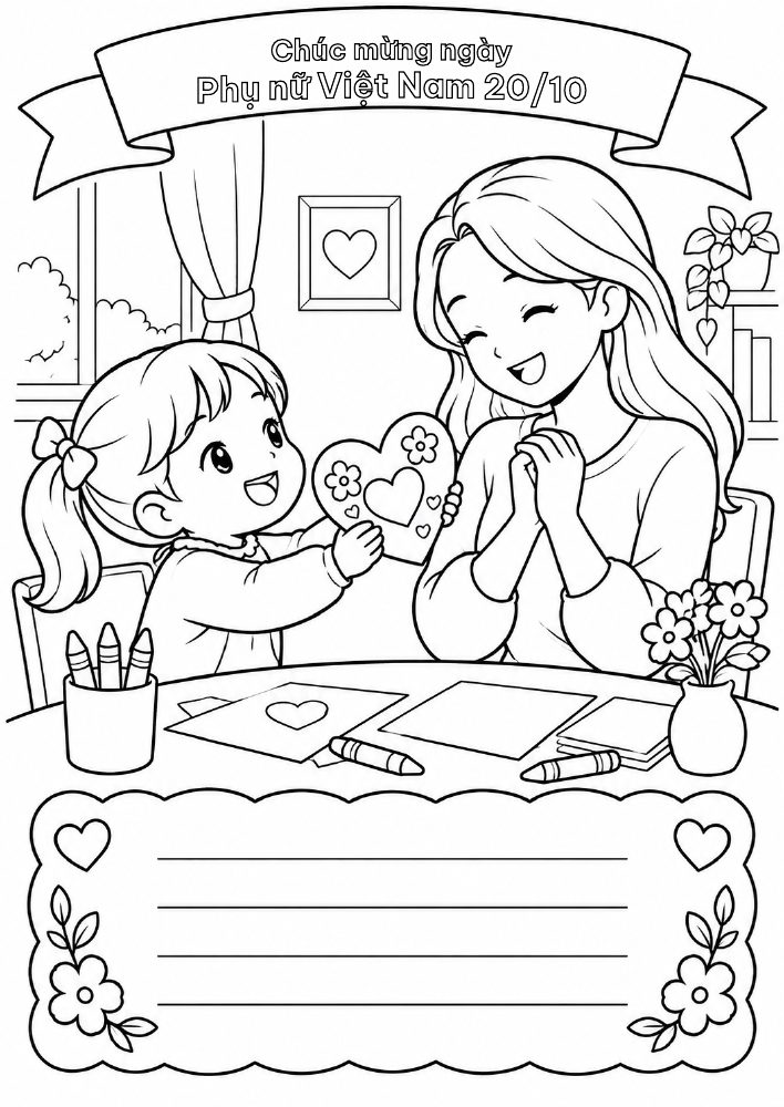 Tranh tô màu bé gái tặng mẹ tấm thiệp tự làm