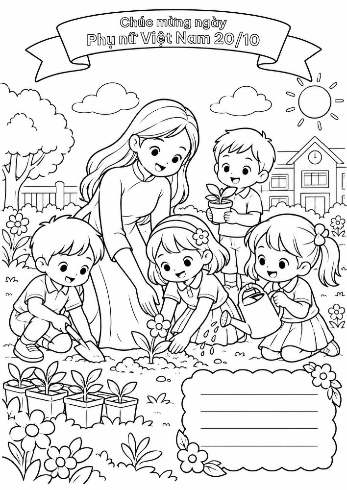 Tranh tô màu cô giáo cùng học sinh trồng hoa