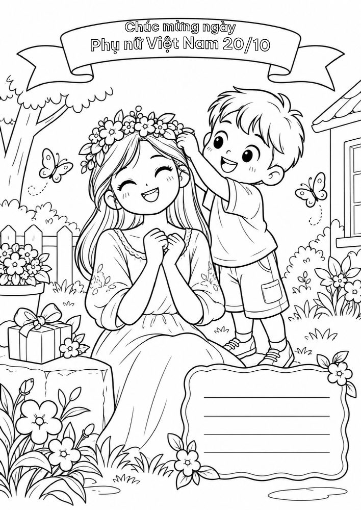 Tranh tô màu em trai tặng vòng hoa cho chị gái