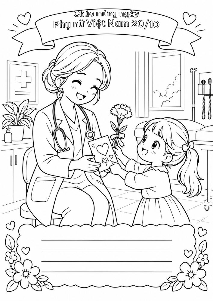 Tranh tô màu bé gái tặng hoa cho nữ bác sĩ