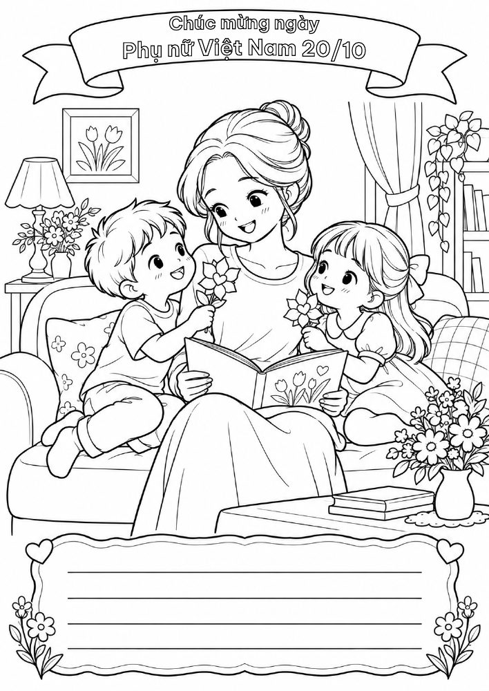 Tranh tô màu mẹ đọc sách cùng con trai và con gái
