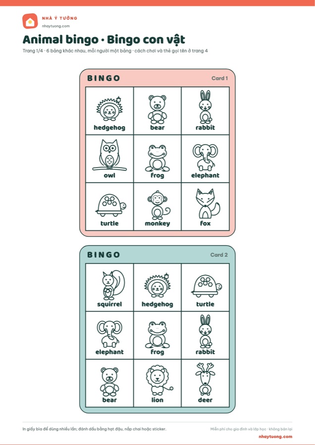 Trang đầu của mẫu in Bingo con vật tiếng Anh: 6 bảng + thẻ gọi tên