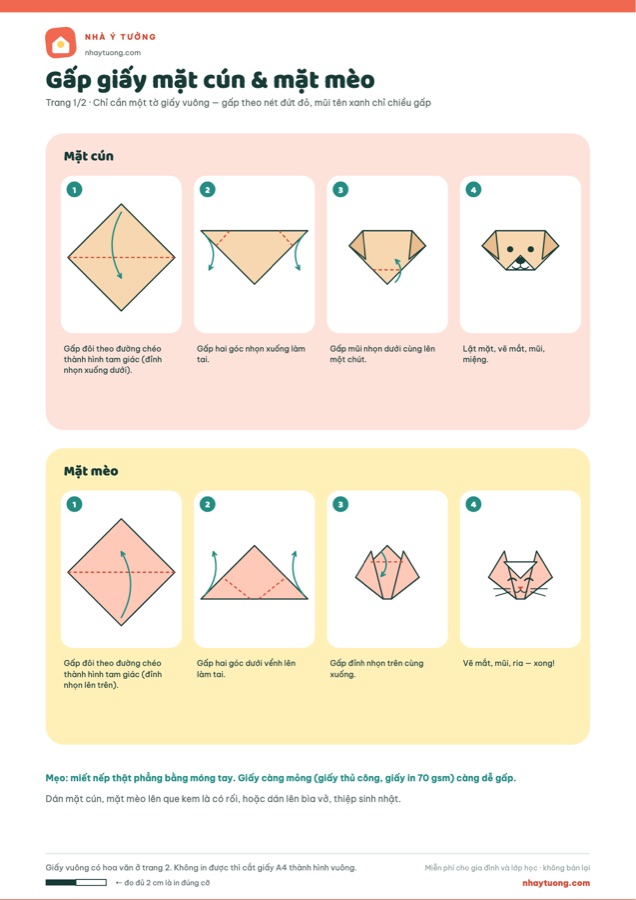 Gấp giấy mặt cún & mặt mèo (origami cho bé)