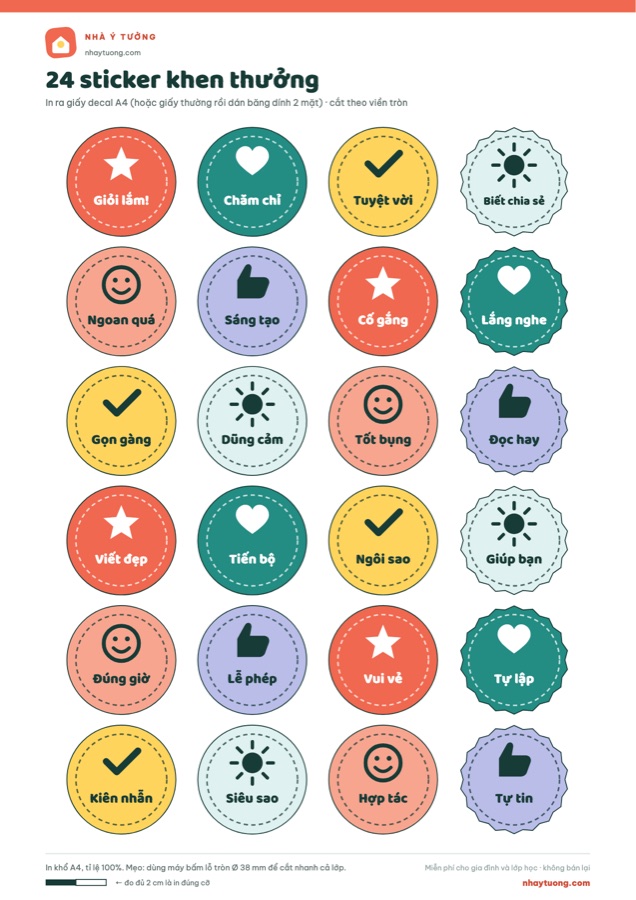 Trang đầu của mẫu in 24 sticker khen thưởng trong lớp